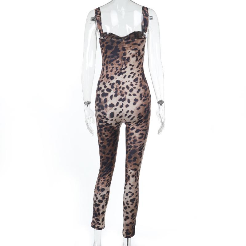Leopard print v neck backless tank jumpsuit