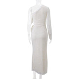 Vestido largo con lazo y dobladillo de encaje de manga larga calada 