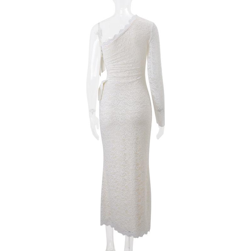 Vestido largo con lazo y dobladillo de encaje de manga larga calada 