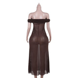 Robe longue transparente en maille froncée à épaules dénudées 
