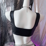 Metal chain lace up skull applique PU leather top