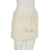 Hollow out drawstring fluffy self tie solid mini skirt
