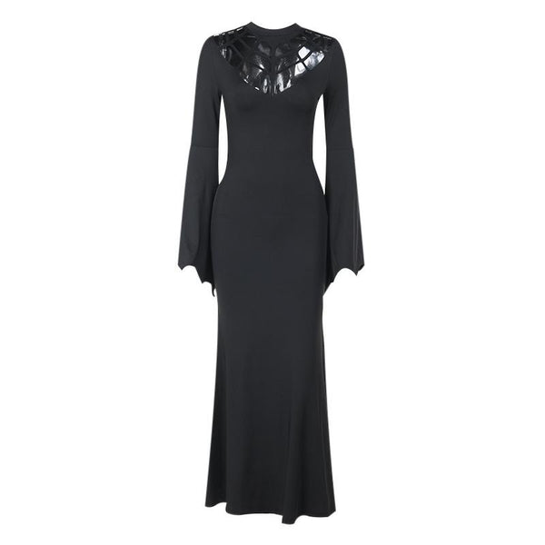 Long flared sleeve hollow out crewneck maxi dress