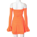 Off shoulder long flared sleeve ruched ruffle mini dress