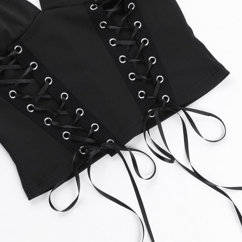 Halter self tie v neck lace up backless solid top