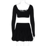 Conjunto de minifalda lisa con escote cuadrado y manga larga fruncida 