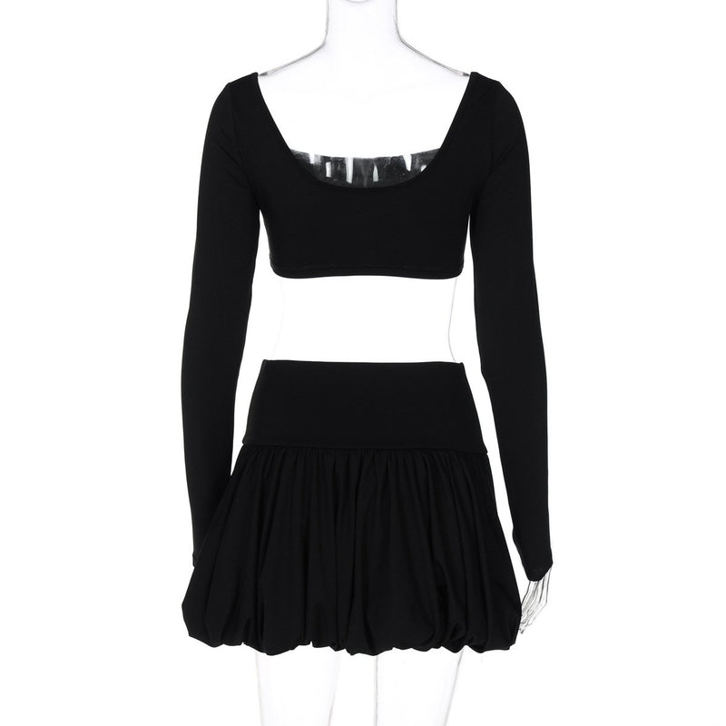 Conjunto de minifalda lisa con escote cuadrado y manga larga fruncida 