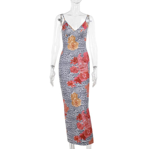 Vestido largo con escote en V, estampado de leopardo, abertura en la espalda y sin espalda 