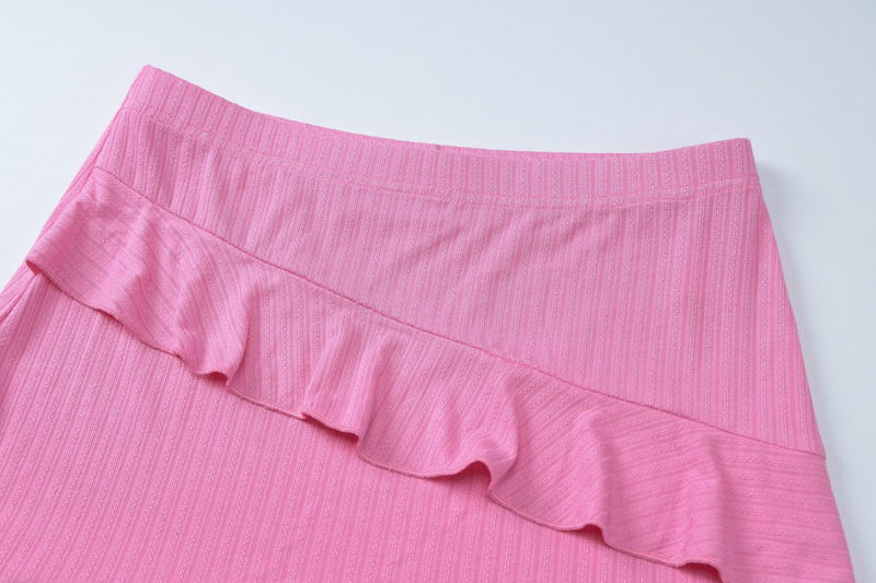 Long flared sleeve v neck ruffle slit mini skirt set