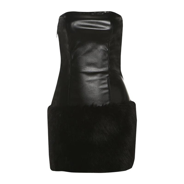 Mini-robe tube en cuir PU duveteux avec fermeture éclair et dos nu 