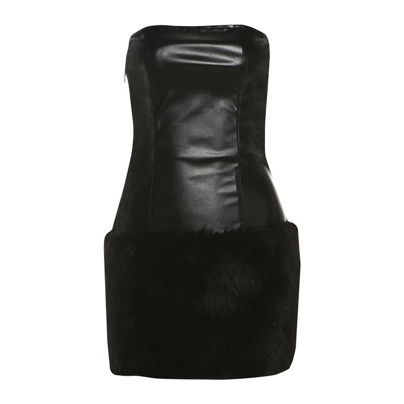 Mini-robe tube en cuir PU duveteux avec fermeture éclair et dos nu 