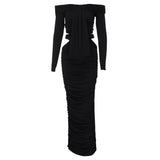 Robe longue ajourée à manches longues et épaules dénudées 