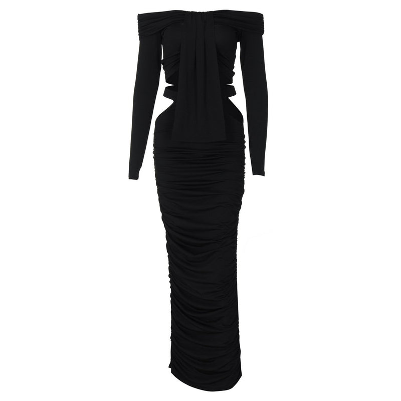 Robe longue ajourée à manches longues et épaules dénudées 