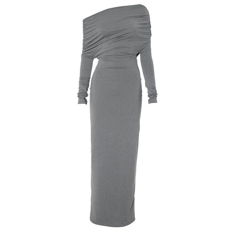 Vestido largo irregular de un solo hombro con mangas largas fruncidas 