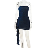 Ruched ruffle irregular backless tube mini dress