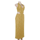 Vestido largo de encaje con cuello halter, abertura, cremallera y lazo 