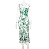 Cross back self tie u neck slit flower print midi dress