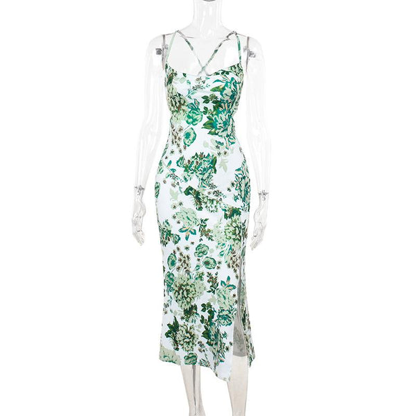 Cross back self tie u neck slit flower print midi dress