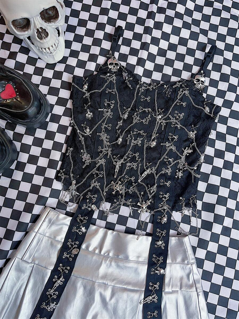 Metal chain skull applique v neck solid cami top