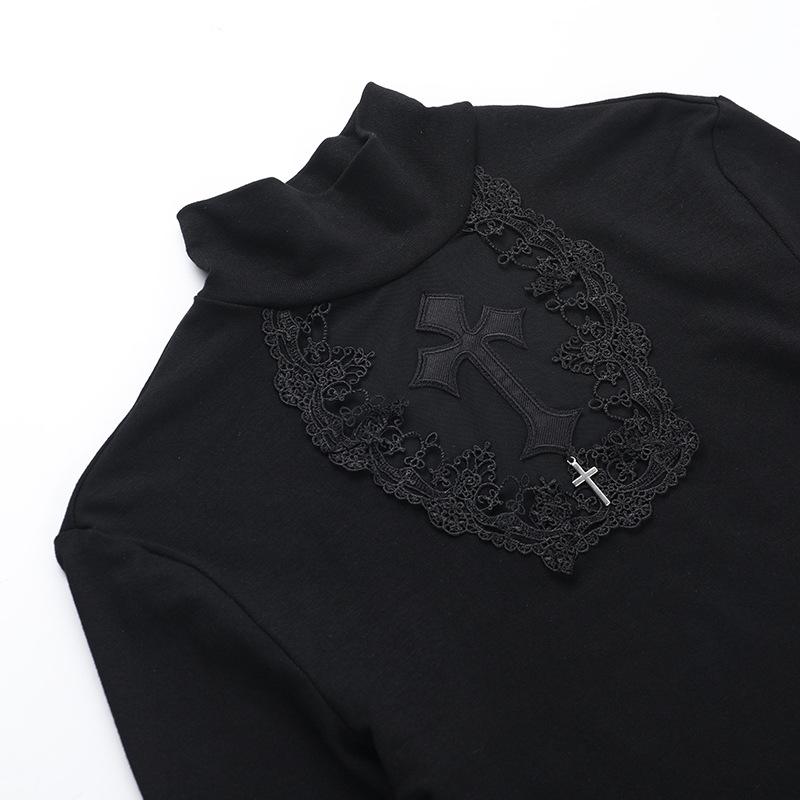Top liso con cuello alto y manga larga con estampado cruzado 
