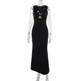 Deep V neck flower applique solid maxi dress