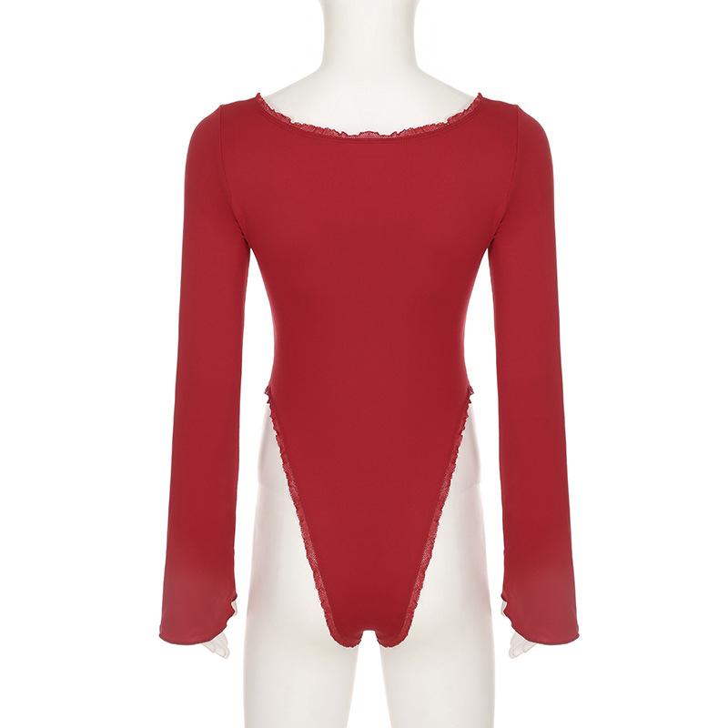 Body con volantes y botones, cuello en V y manga larga fruncida 