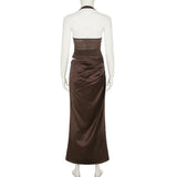 Robe longue unie à col carré et fermeture éclair froncée 