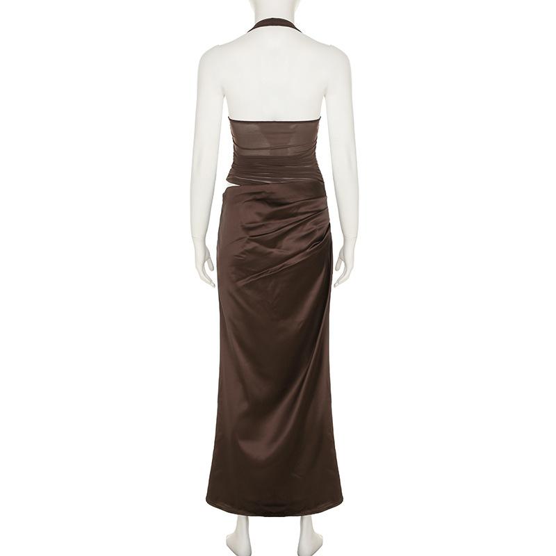 Robe longue unie à col carré et fermeture éclair froncée 