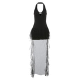 Minivestido de malla con volantes y escote halter, sin espalda 