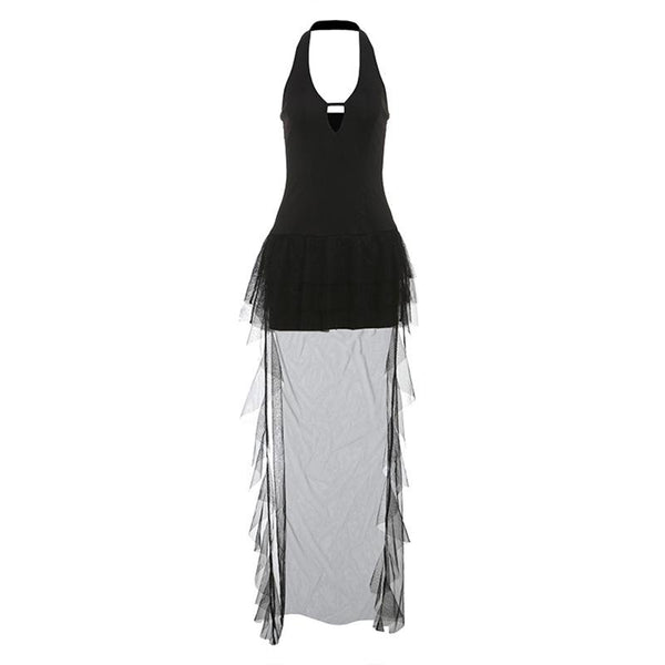 Mini-robe dos nu en maille à volants ajourés 