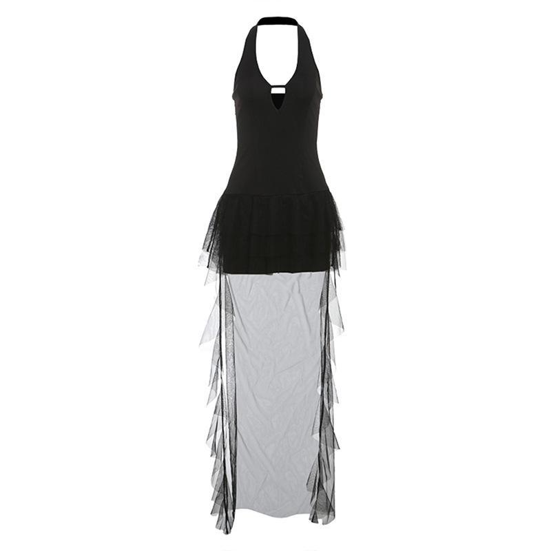 Minivestido de malla con volantes y escote halter, sin espalda 
