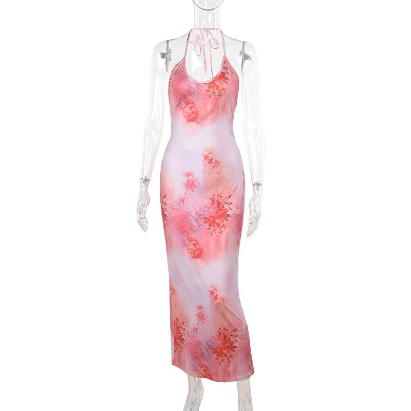 Robe longue fendue à imprimé papillon et col en U 