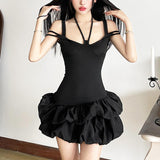 Vestido mini liso fruncido con escote halter y lazo calado 