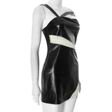 Minivestido de malla de cuero PU irregular con cremallera 
