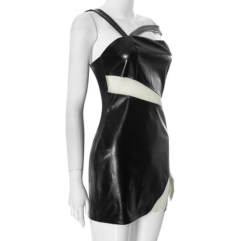 Minivestido de malla de cuero PU irregular con cremallera 