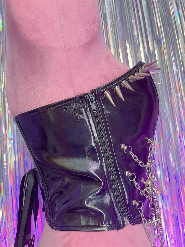 Zip-up metal chain cross applique PU leather lace up top