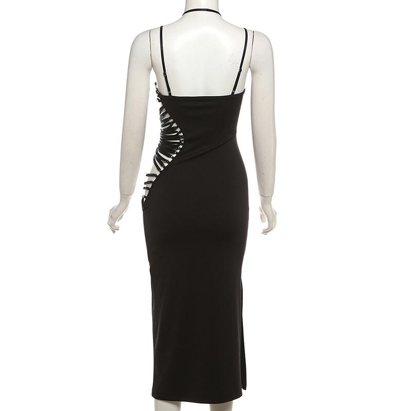 Robe midi irrégulière à col licou et fente en O 