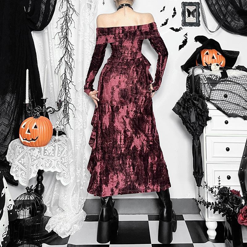 Off shoulder long sleeve slit ruffle contrast midi dress