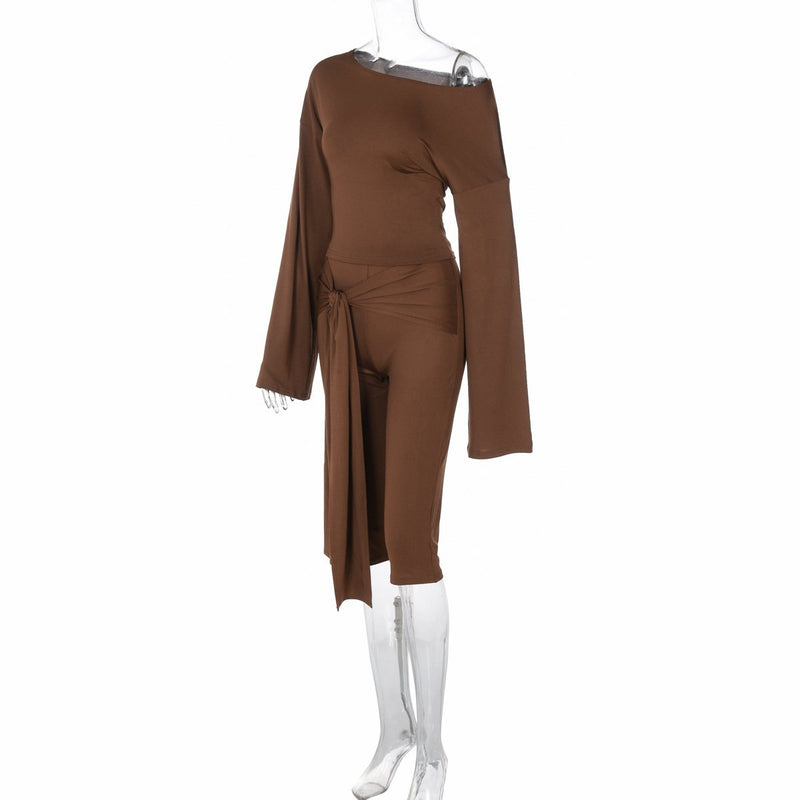 Ensemble pantalon uni à manches longues et taille moyenne irrégulier 