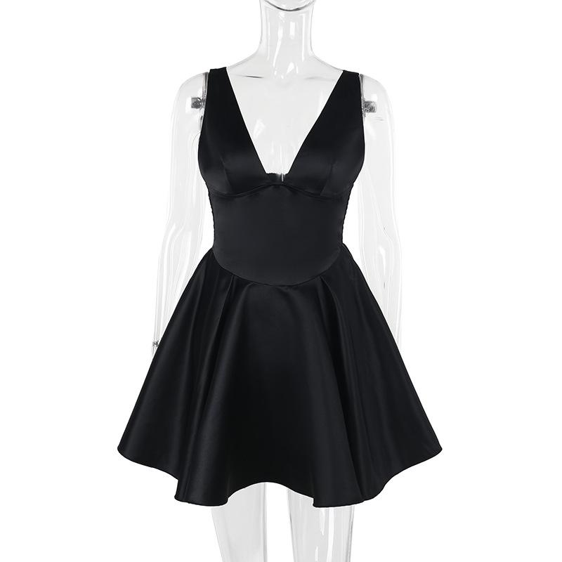 Smocked deep V neck backless cami mini dress