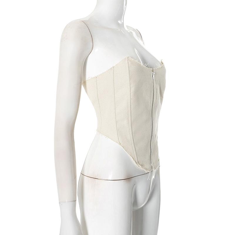 Zip-up backless corset raw hem tube top