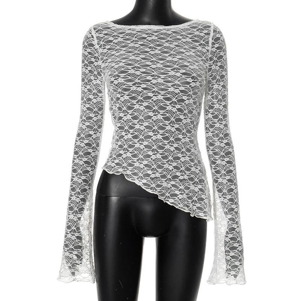Top liso transparente de encaje de manga larga irregular 