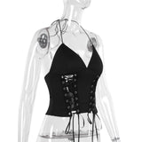 Halter self tie v neck lace up backless solid top