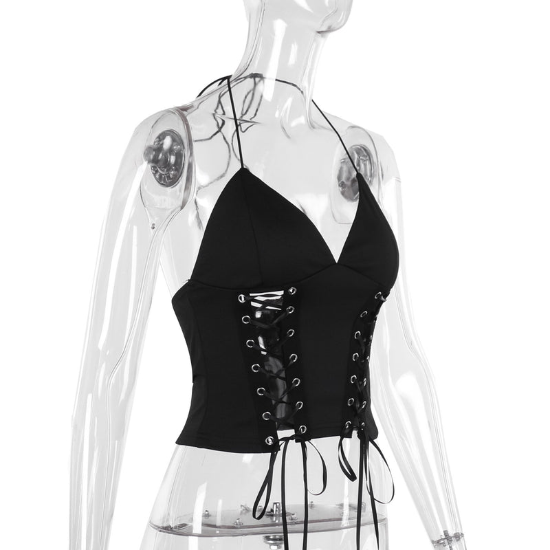Halter self tie v neck lace up backless solid top