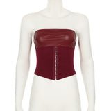 Lace up PU leather button corset solid tube top