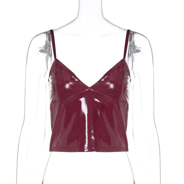 Top camisola de piel sintética con cuello en V y espalda descubierta 