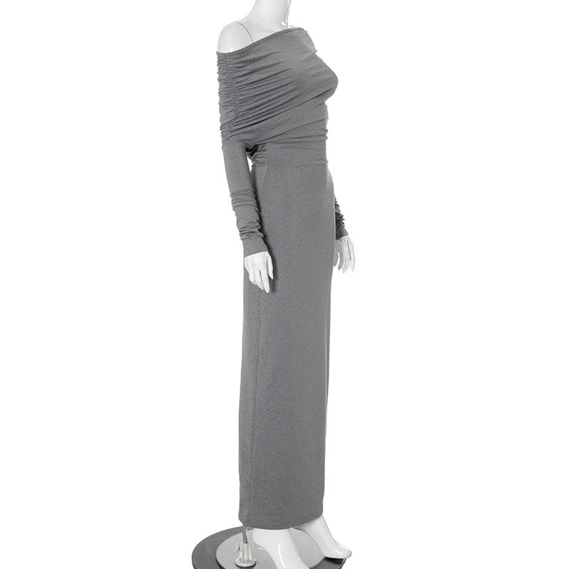 Vestido largo irregular de un solo hombro con mangas largas fruncidas 