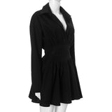 Zip-up long sleeve turnover collar embroidery mini dress