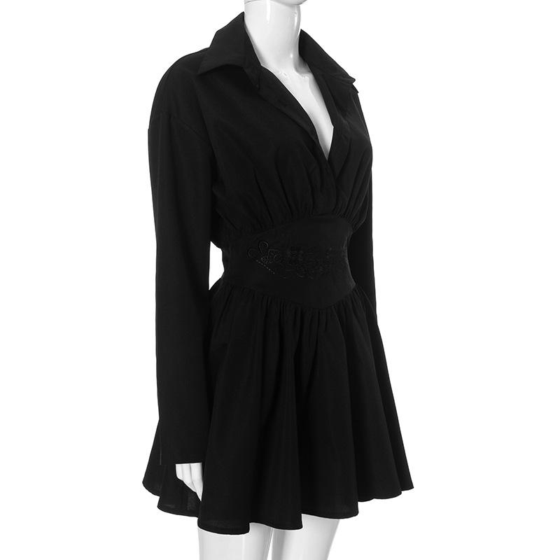 Zip-up long sleeve turnover collar embroidery mini dress
