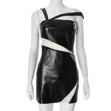 Minivestido de malla de cuero PU irregular con cremallera 